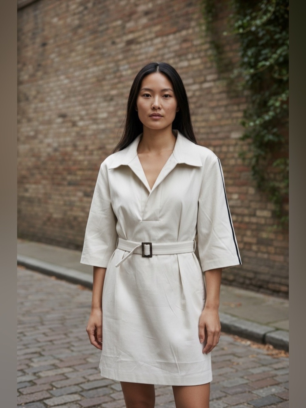 Ba&sh Sam Light Beige Belted Mini Shift Dress with Contrasting Sleeve Stripe 6